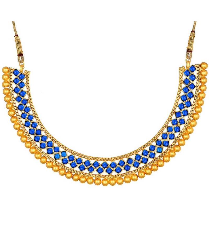 Golden Ball With Blue Stone Traditional Brass Necklace Jewellery Set With Earrings For Women Girls